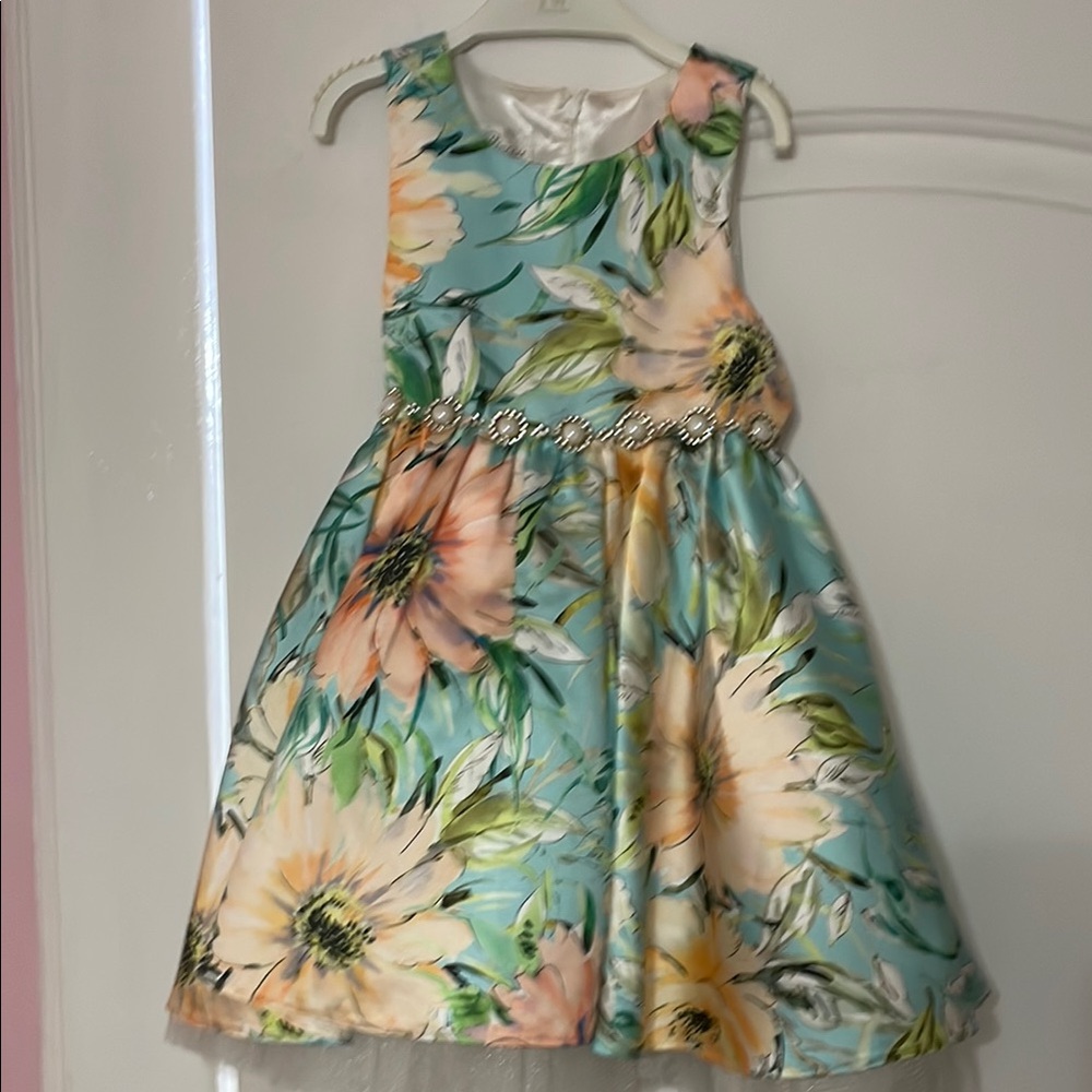 Floral Kids Dress with Jewel Accent